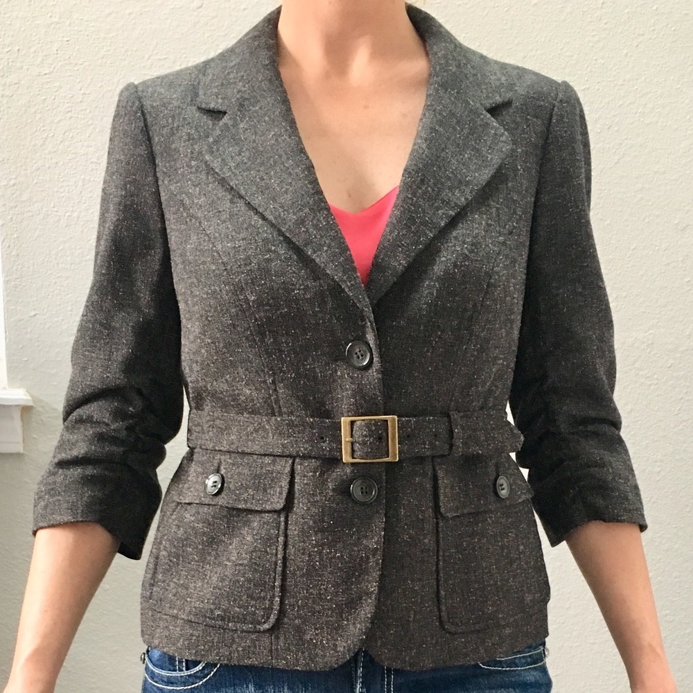 Belted brown/black 3/4 sleeve blazer